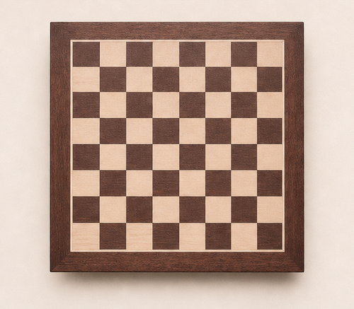 Studio view of the Dechamel Pavilion chess board in sapele and maple on a white backdrop