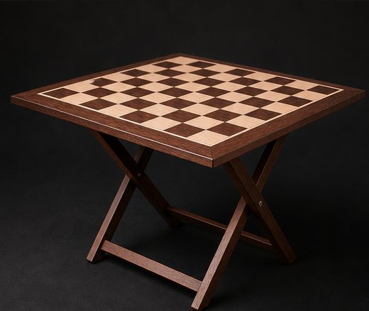 The Dechamel Pavilion chess board resting on its folding walnut stand under low, dramatic light